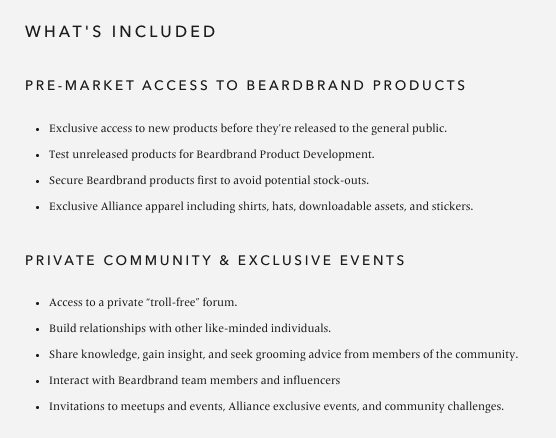 Screenshot of Beardbrand's website where it talks about the perks of joining of their community, including access to new products, events, merch and more