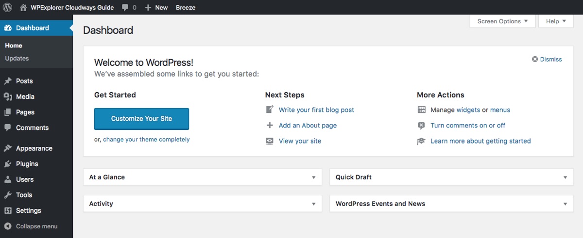 Cloudways: painel do WordPress
