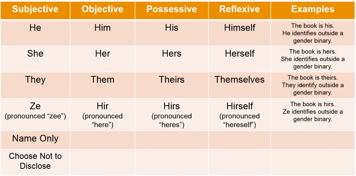 table of pronouns including he, she, they, ze