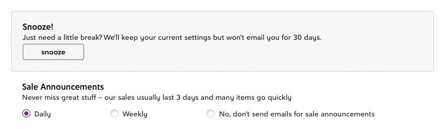 Ví dụ về Tùy chọn email hẹn giờ của Zulily