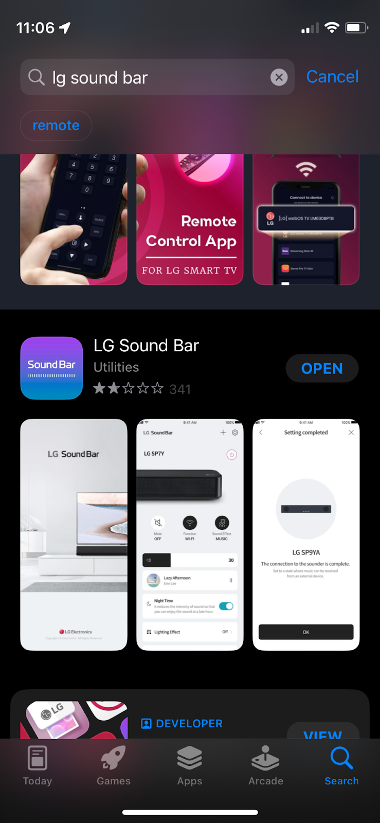 remote control downloadable app for LG soundbar and subwoofer