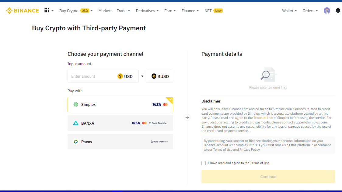 Buying cryptocurrency through third party channels on binance