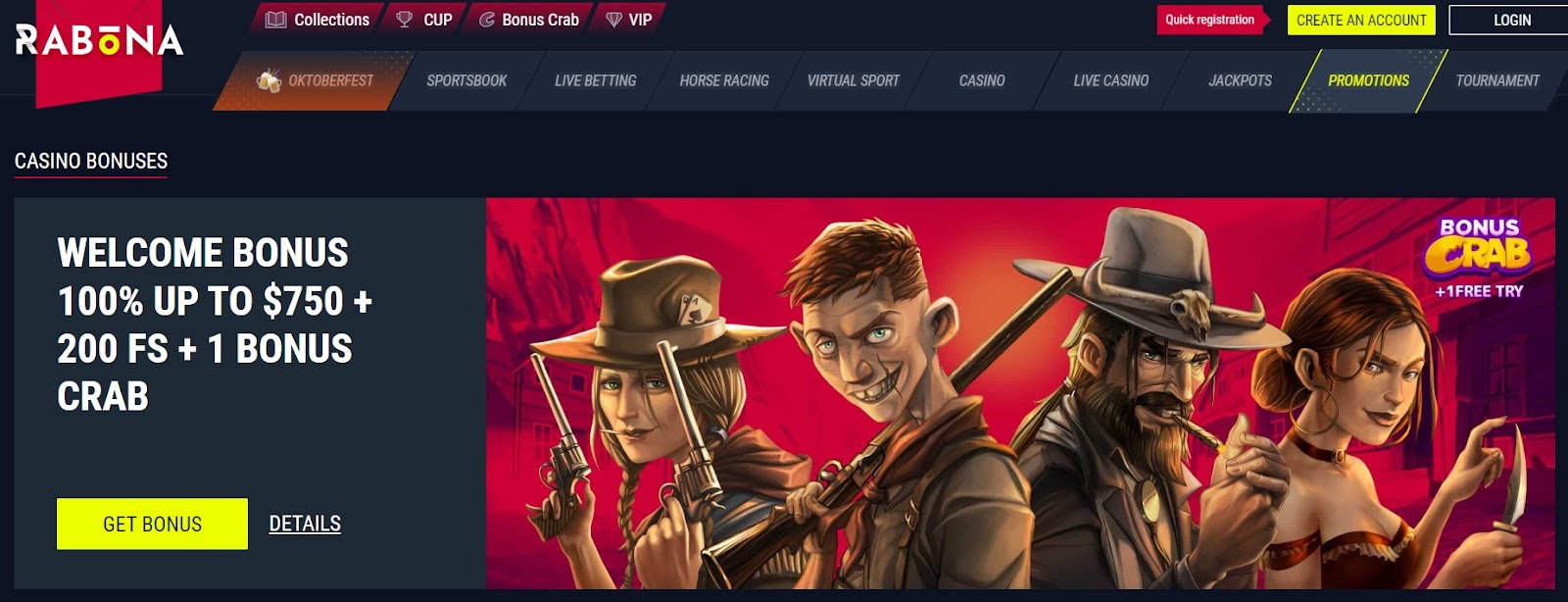 Rabona welcome bonus - 100% up to $750 + 200 free spins + 1 bonus crab