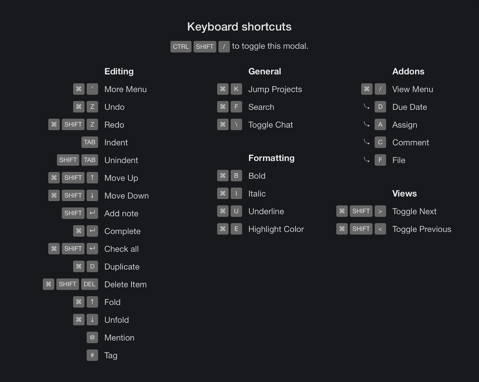 Taskade keyboard shortcuts.