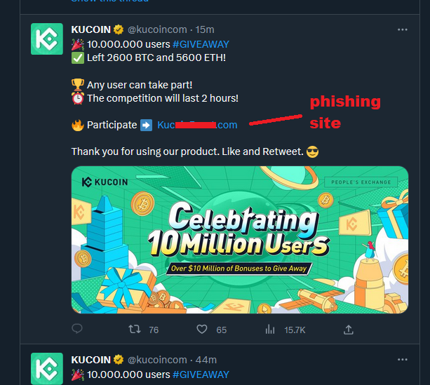 Kucoin Twitter scam giveaway post. 