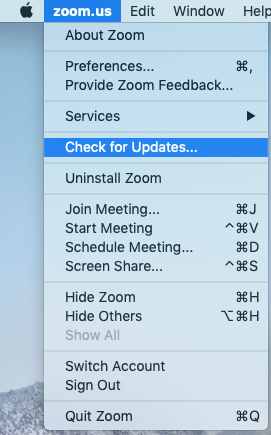 Screenshot of Zoom toolbar highlighting the Check for Updates setting.