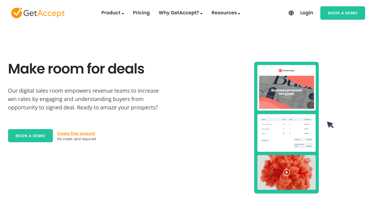 Sales tool Get Accept has a green, orange and white homepage. In this screenshot the text reads make room for deals.