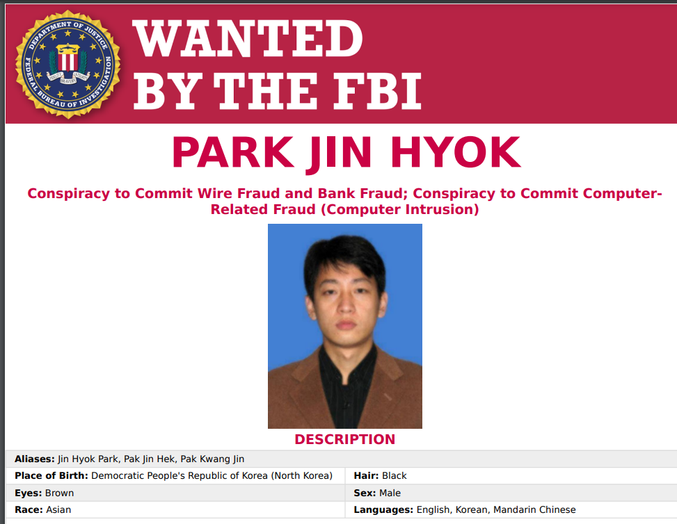 FBI Wanted a poster against an N.Korean hacker. Source: FBI