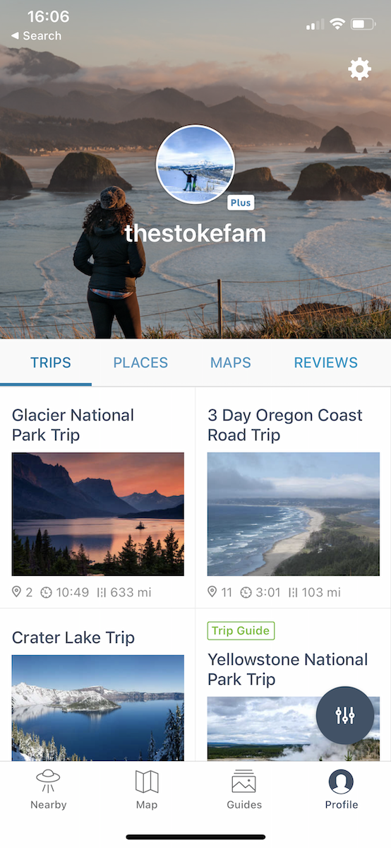 screen shot of Roadtrippers app and where to choose trip