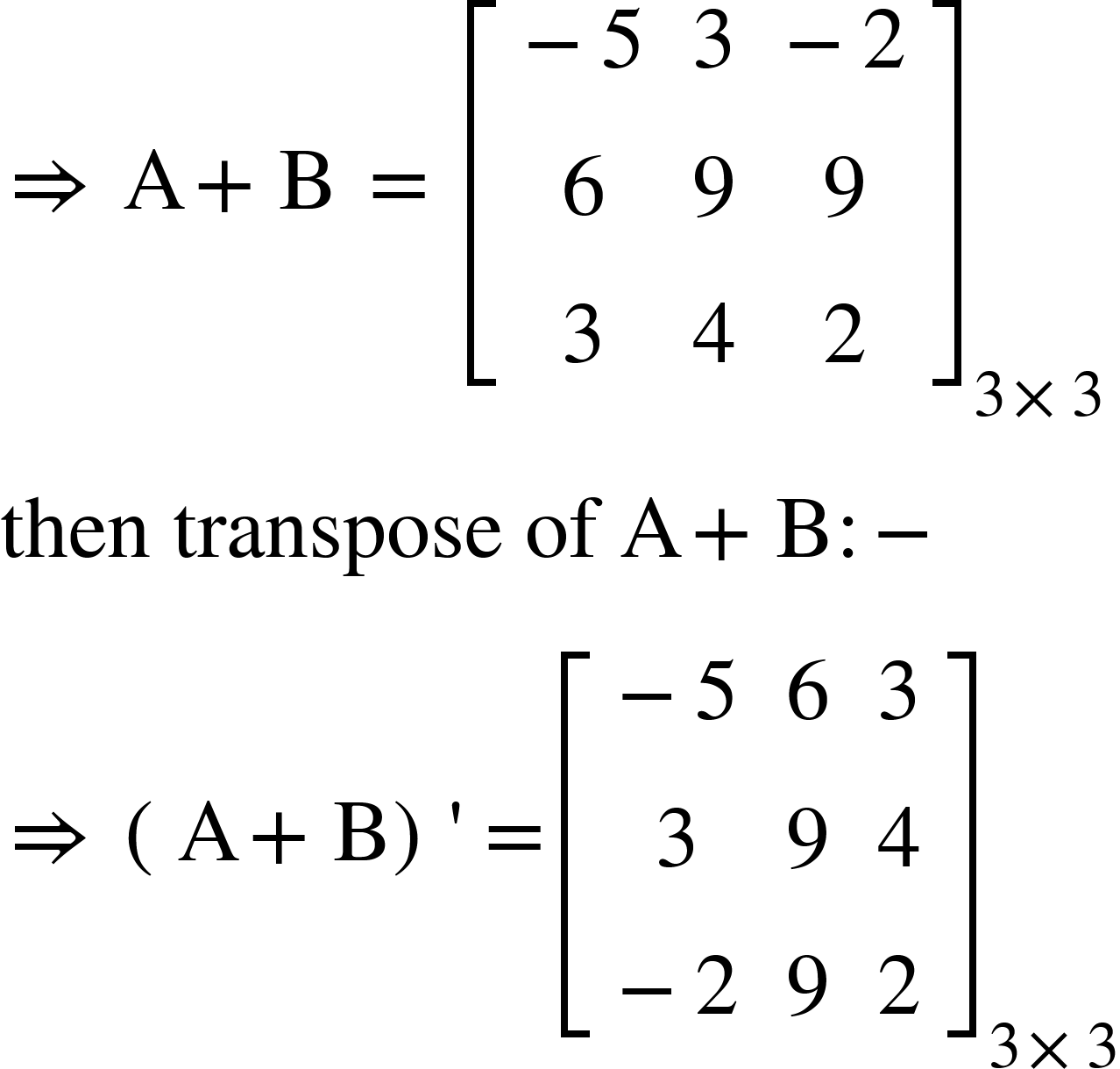 <math xmlns="http://www.w3.org/1998/Math/MathML"><mo>&#x21D2;</mo><mo>&#xA0;</mo><mi mathvariant="normal">A</mi><mo>+</mo><mi mathvariant="normal">B</mi><mo>&#xA0;</mo><mo>=</mo><mo>&#xA0;</mo><msub><mfenced open="[" close="]"><mtable><mtr><mtd><mo>-</mo><mn>5</mn></mtd><mtd><mn>3</mn></mtd><mtd><mo>-</mo><mn>2</mn></mtd></mtr><mtr><mtd><mn>6</mn></mtd><mtd><mn>9</mn></mtd><mtd><mn>9</mn></mtd></mtr><mtr><mtd><mn>3</mn></mtd><mtd><mn>4</mn></mtd><mtd><mn>2</mn></mtd></mtr></mtable></mfenced><mrow><mn>3</mn><mo>&#xD7;</mo><mn>3</mn></mrow></msub><mspace linebreak="newline"/><mi>then</mi><mo>&#xA0;</mo><mi>transpose</mi><mo>&#xA0;</mo><mi>of</mi><mo>&#xA0;</mo><mi mathvariant="normal">A</mi><mo>+</mo><mi mathvariant="normal">B</mi><mo>:</mo><mo>-</mo><mspace linebreak="newline"/><mo>&#x21D2;</mo><mo>&#xA0;</mo><mfenced><mrow><mi mathvariant="normal">A</mi><mo>+</mo><mi mathvariant="normal">B</mi></mrow></mfenced><mo>'</mo><mo>=</mo><msub><mfenced open="[" close="]"><mtable><mtr><mtd><mo>-</mo><mn>5</mn></mtd><mtd><mn>6</mn></mtd><mtd><mn>3</mn></mtd></mtr><mtr><mtd><mn>3</mn></mtd><mtd><mn>9</mn></mtd><mtd><mn>4</mn></mtd></mtr><mtr><mtd><mo>-</mo><mn>2</mn></mtd><mtd><mn>9</mn></mtd><mtd><mn>2</mn></mtd></mtr></mtable></mfenced><mrow><mn>3</mn><mo>&#xD7;</mo><mn>3</mn></mrow></msub></math>