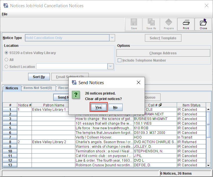 Millennium RSB client hold cancellation notices confirmation dialog box