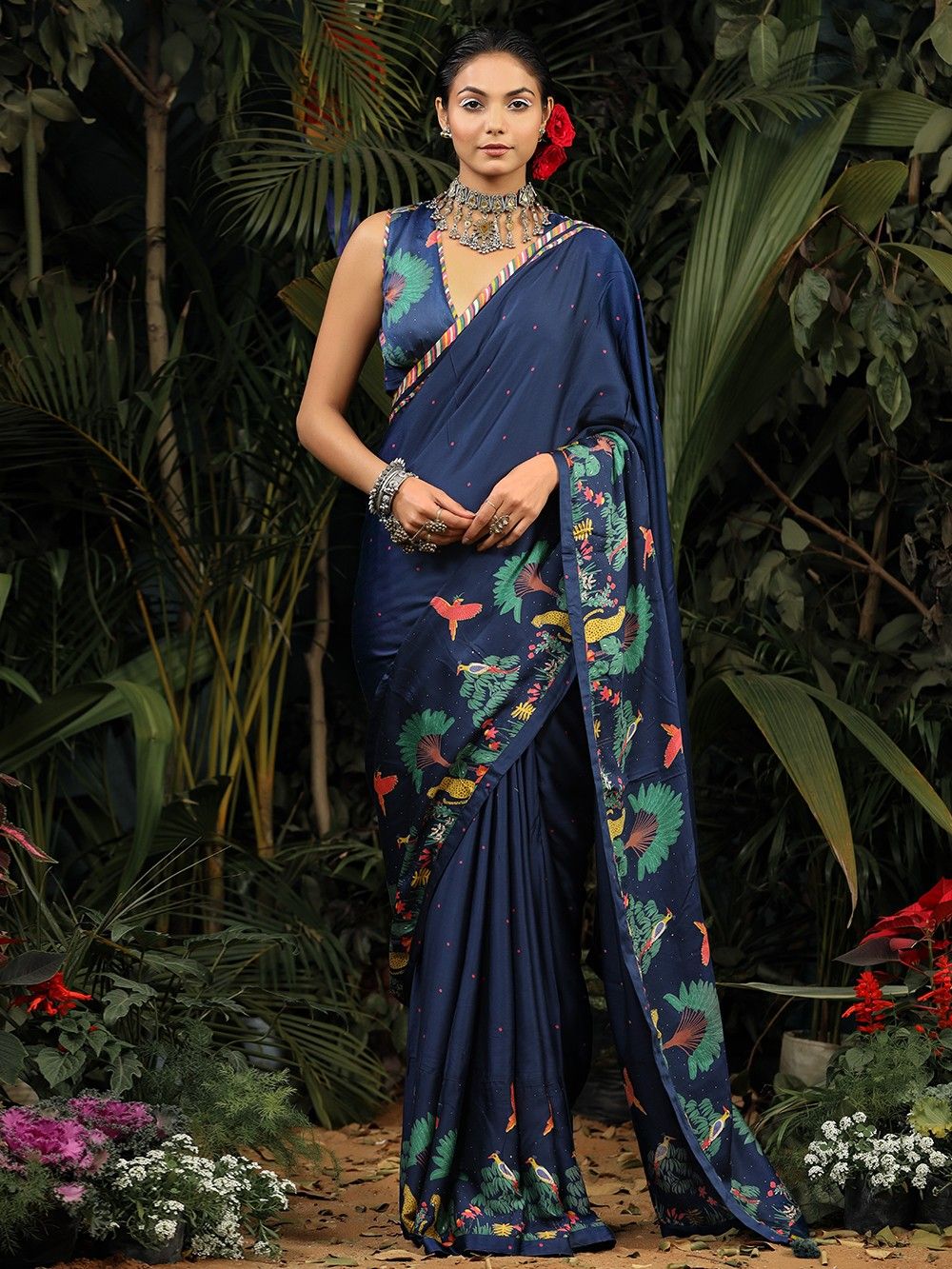 the loom - Blue Printed Modal Satin Saree with Blouse Piece