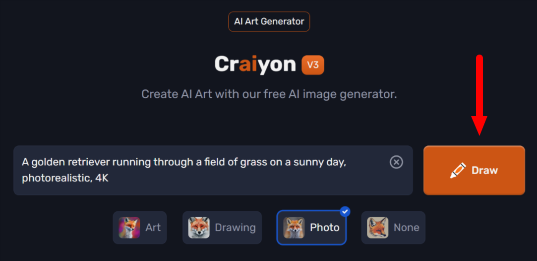 A red arrow pointing to the "Draw" button to generate images using Craiyon AI.