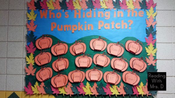 a poster of orange pumpkin patches with student names on top and photos below
