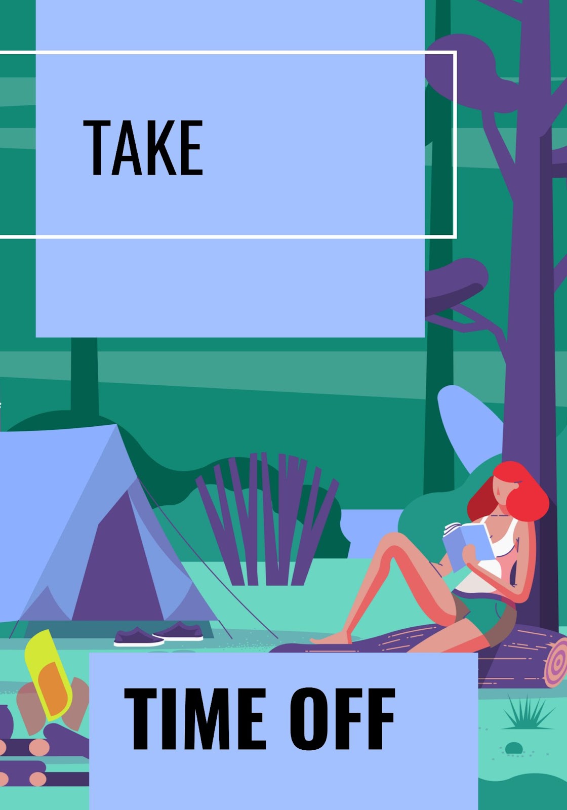 a graphic depiction of a person camping and reading a book under the tree 