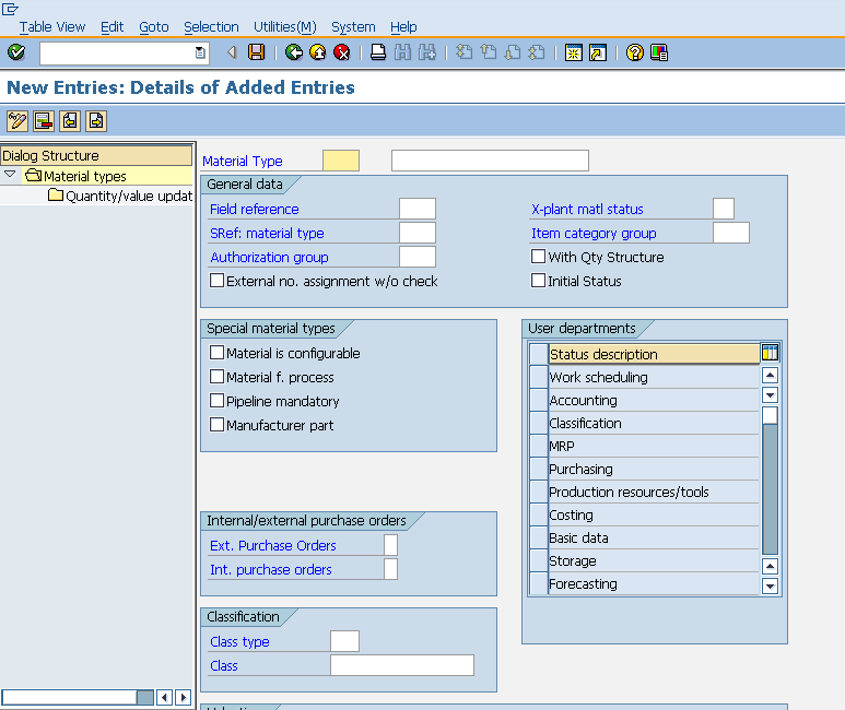 SAP Material Types Entry Details 
