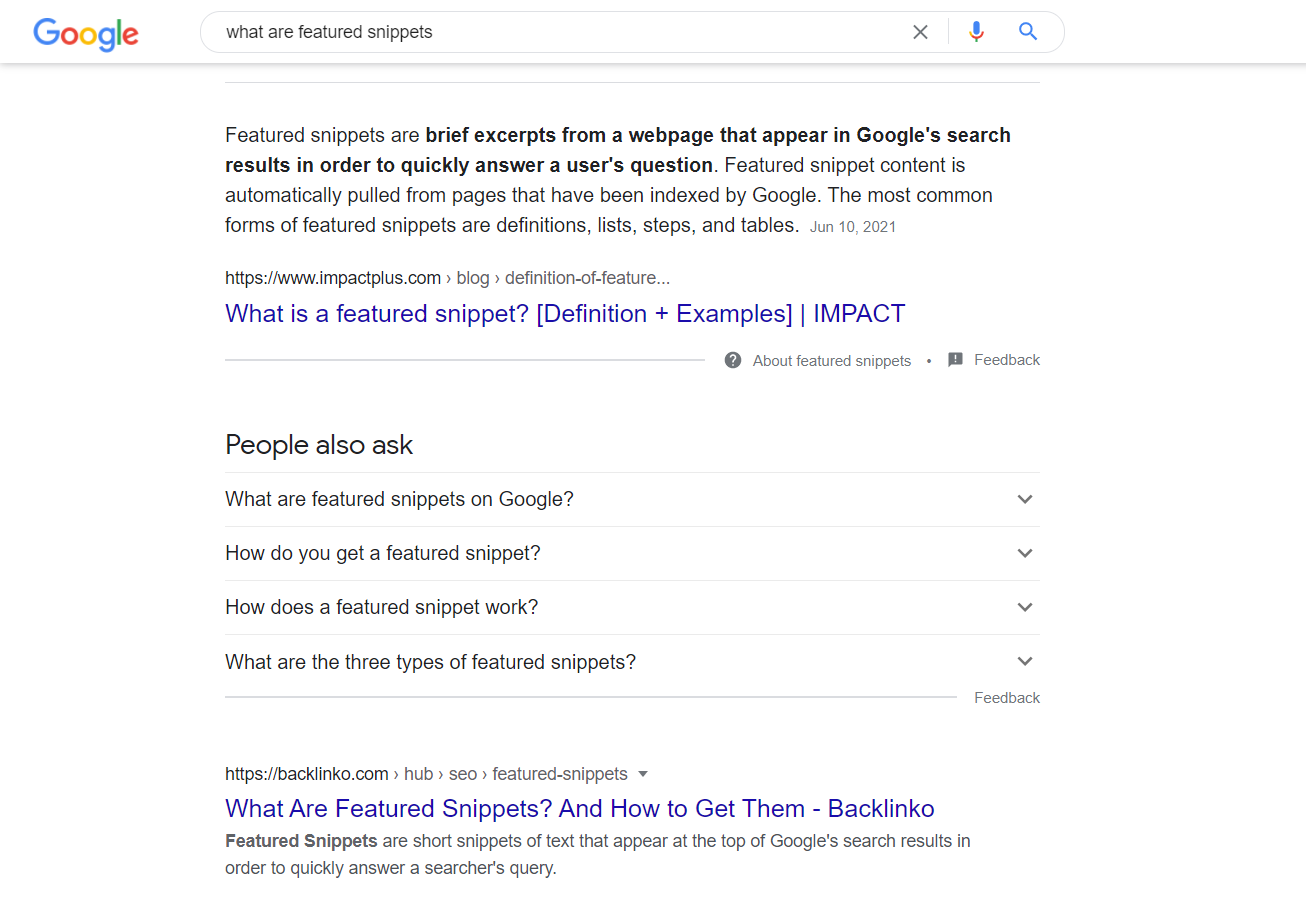 what is a featured snippet example for seo