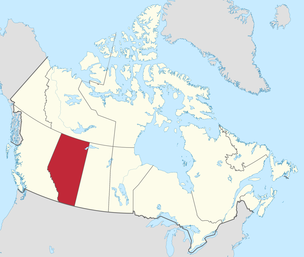 A map of Canada with Alberta filled in with red.
