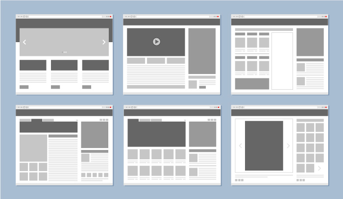 A series of 6 low-fidelity wireframe examples for a website.