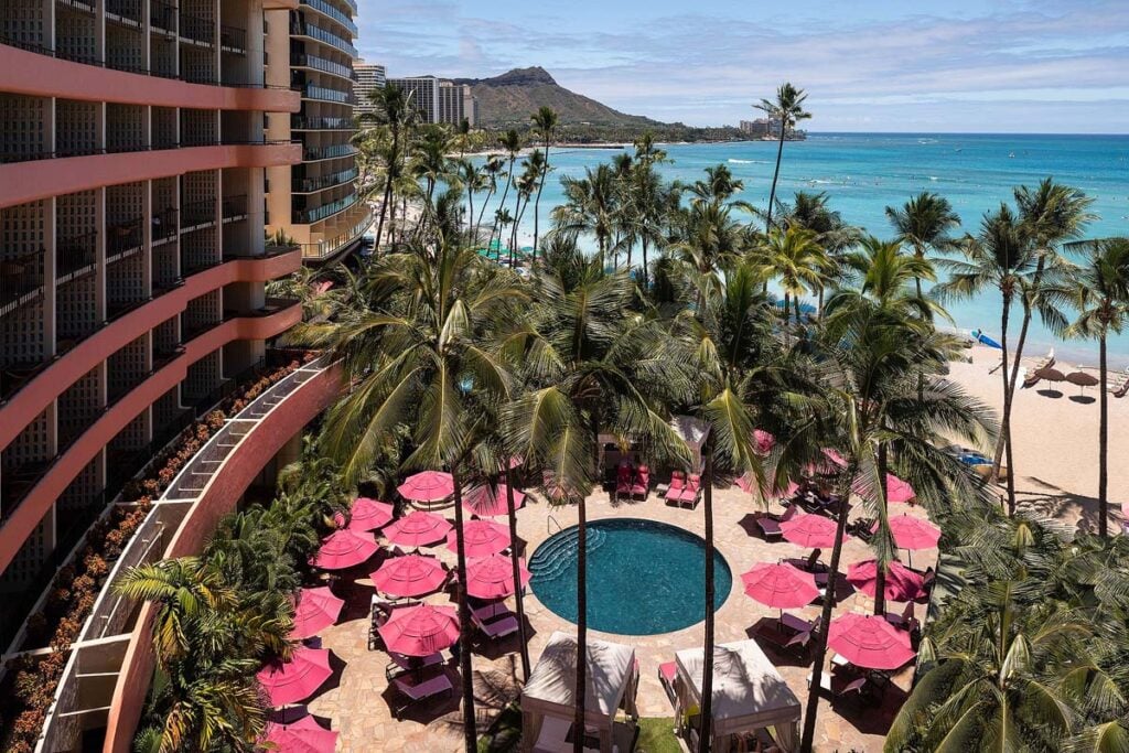 The hot pink Royal Hawaiian hotel.
