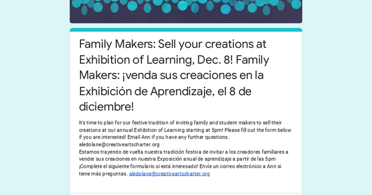 Family Makers: Sell your creations at Exhibition of Learning, Dec. 8! Family Makers: ¡venda sus creaciones en la Exhibición de Aprendizaje, el 8 de diciembre!