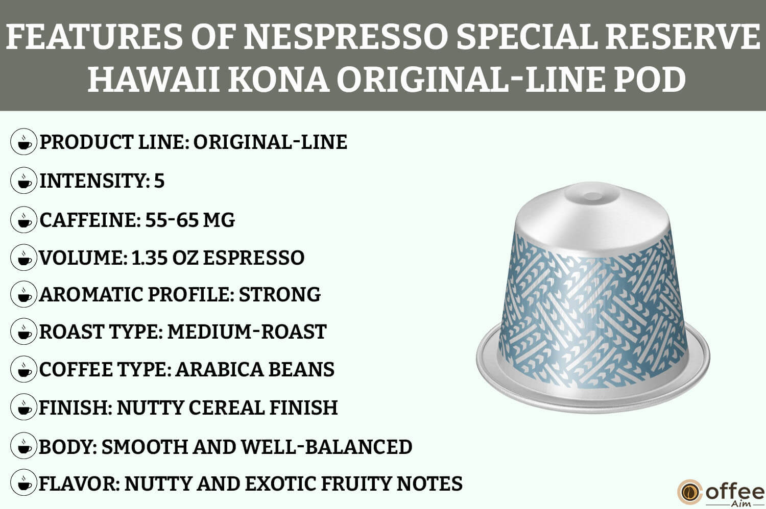The Hawaii Kona Nespresso OriginalLine Espresso Pod features rich Kona coffee flavor, medium roast, and smooth aroma for an exquisite espresso experience.