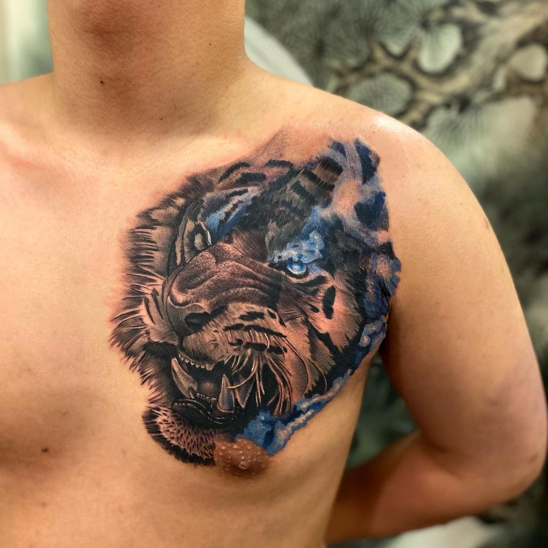 Black & Blue Tiger Chest Tattoo