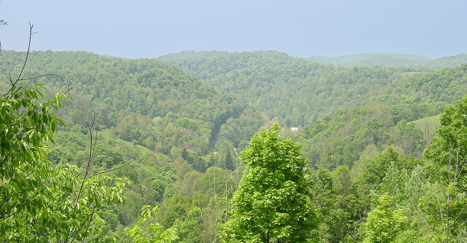 A vista that shows green mountains and steep slopes into valleys. 