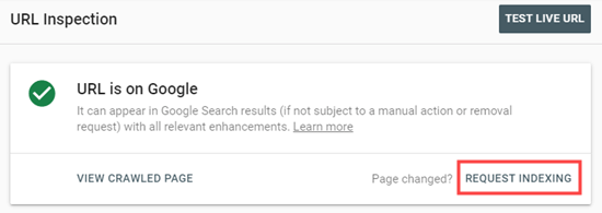 Clique no link Solicitar indexação no Google Search Console