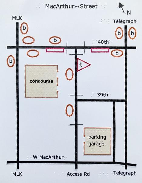a map entitled "MacArthur--Street" showing the concourse and a parking garage between MLK and Telegraph.