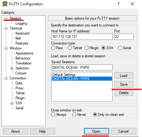 Salvando novas configurações no PuTTY
