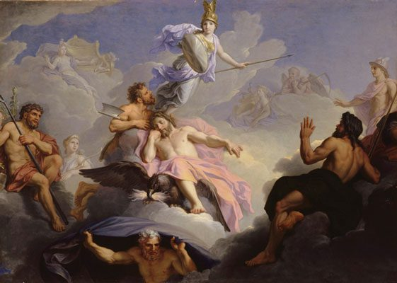 In this painting, Athena is shown wearing armor, flying above Zeus, whose head she just emerged from.
