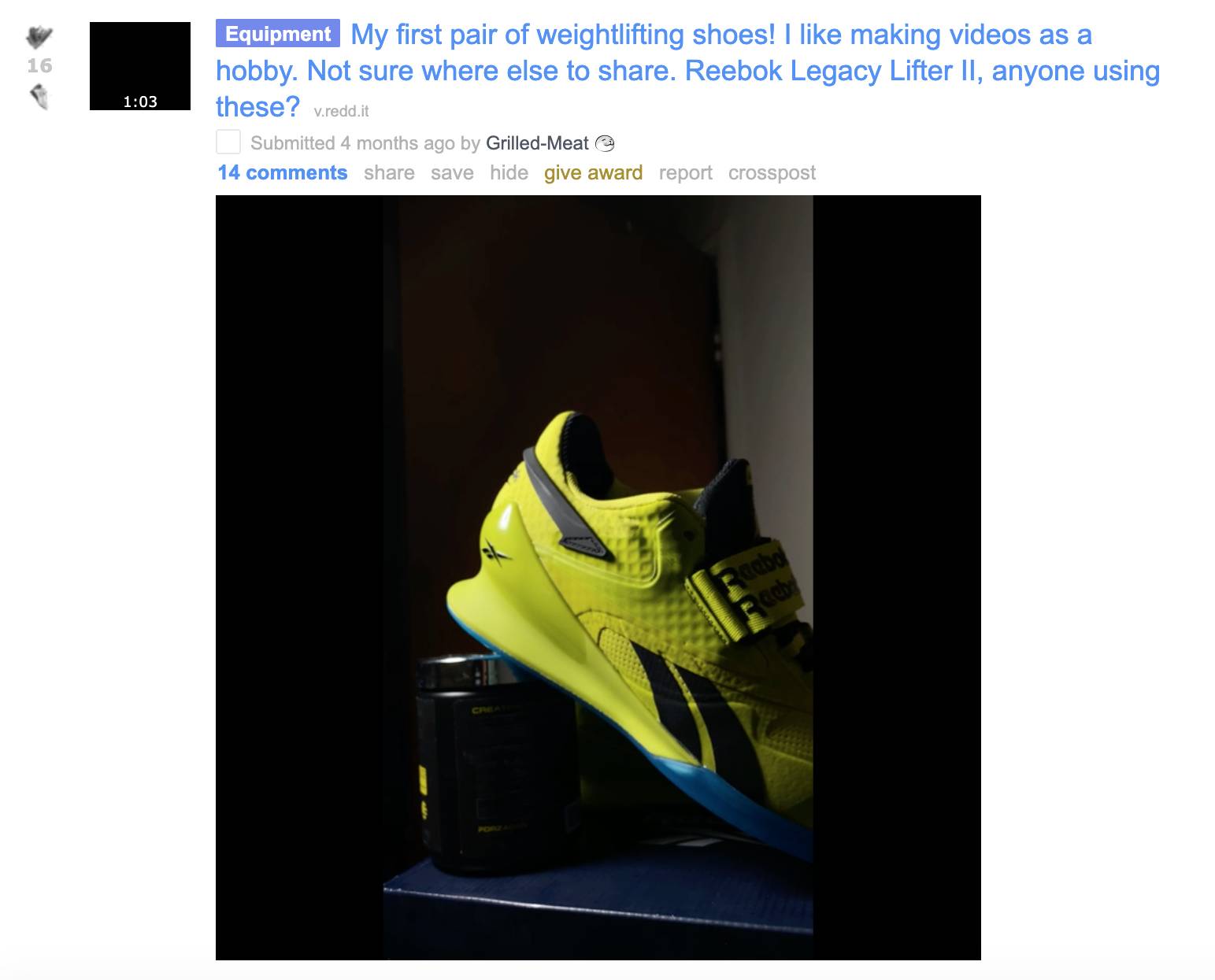 Reddit user Grilled-Meat shares a photo of neon green Reebok Lifters.