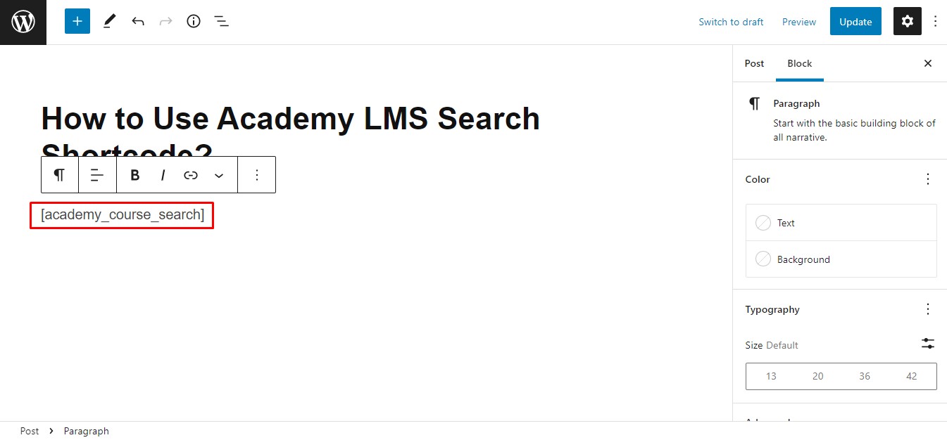 academy lms search shortcode using in gutenberg 