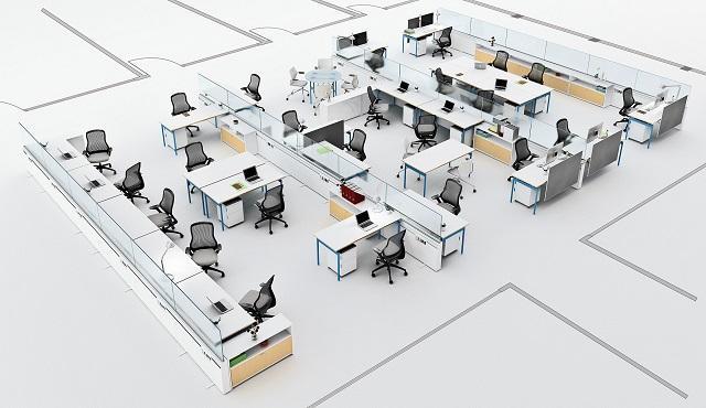 Sketsa Tata Ruang Kantor Terbuka dengan Kaca Pemisah di Meja Pegawai