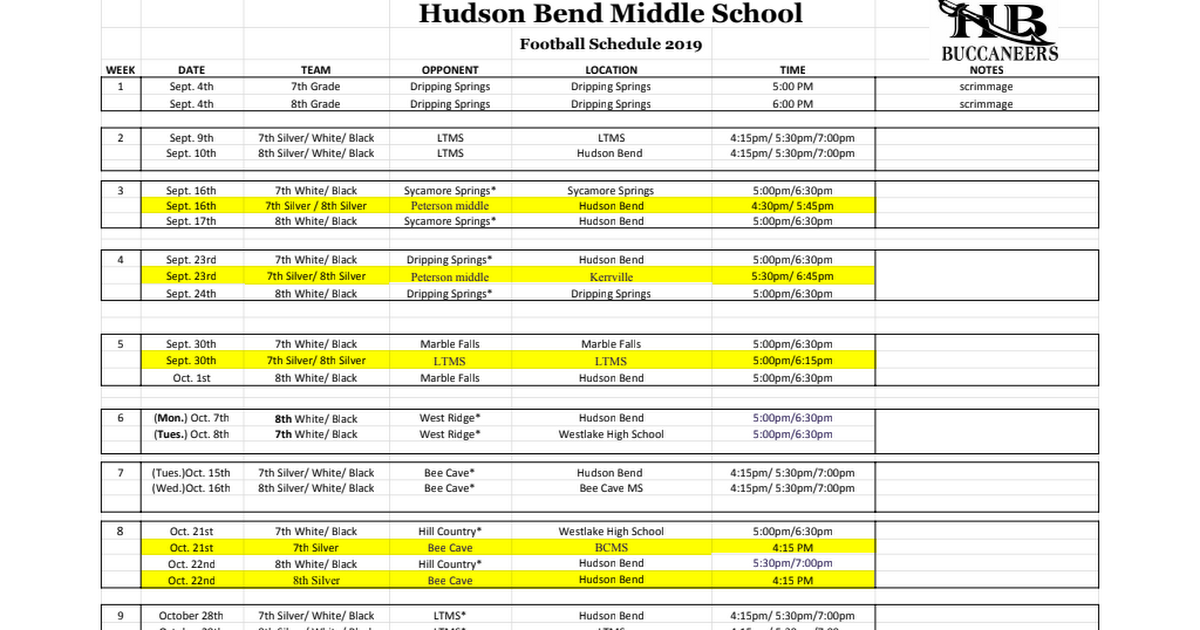Hudson Bend  Athletic Schedules 2019-2020