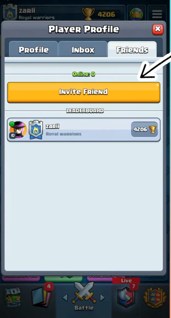 Invite friend option in Clash Royale