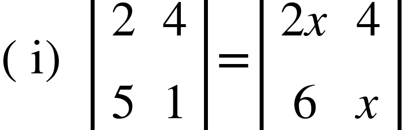 <math xmlns="http://www.w3.org/1998/Math/MathML"><mfenced><mi mathvariant="normal">i</mi></mfenced><mo>&#xA0;</mo><mfenced open="|" close="|"><mtable><mtr><mtd><mn>2</mn></mtd><mtd><mn>4</mn></mtd></mtr><mtr><mtd><mn>5</mn></mtd><mtd><mn>1</mn></mtd></mtr></mtable></mfenced><mo>=</mo><mfenced open="|" close="|"><mtable><mtr><mtd><mn>2</mn><mi>x</mi></mtd><mtd><mn>4</mn></mtd></mtr><mtr><mtd><mn>6</mn></mtd><mtd><mi>x</mi></mtd></mtr></mtable></mfenced></math>