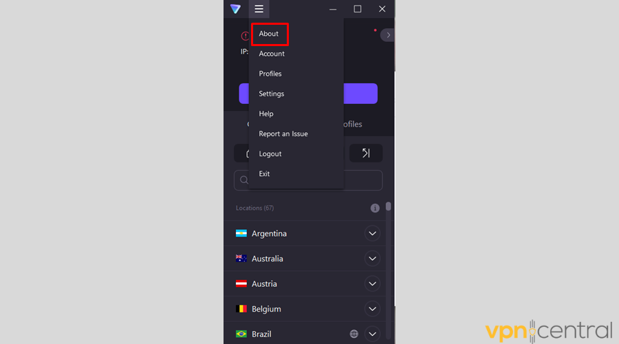 Proton VPN settings menu