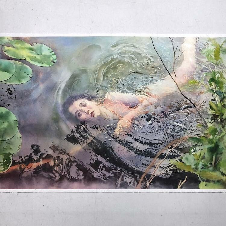 Бразильский художник Маркос Беккари создаёт акварельные картины женщин,  погружённых в воду: 12 фото
