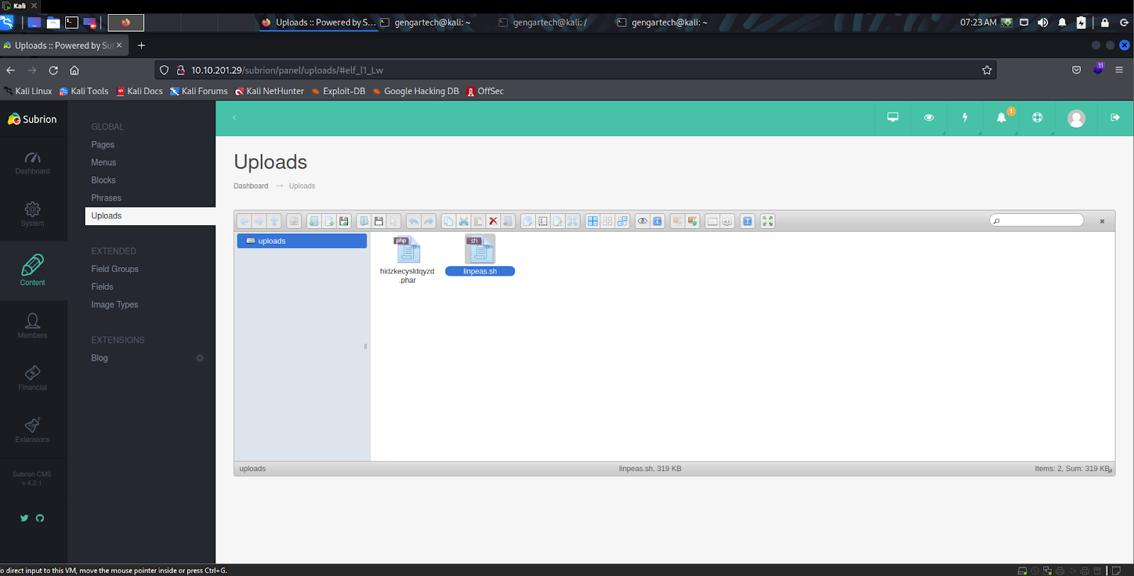 Kali 
x 
Uploads Powered by S.. 
o a 10.10.201.29 
gengartech@kali: 
Lw 
Google Hacking DB 
gengartech@kali: I 
gengartech@kali: 
07:23AM O 
AZIae 
Uploads :: Powered by x 
Kali Linux Kali Tools Kali Docs Kali Forums Kali NetHunter •S Exploit-DB 
R OffSec 
Subrion 
al 
Cashboarc 
Content 
Memoers 
Financia 
Extensions 
GLOBAL 
Pages 
Menus 
Blocks 
Phrases 
Uploads 
EXTENDED 
Field Groups 
Fields 
Image Types 
EXTENSIONS 
Blog 
Uploads 
Dashboard 
Uploads 
uploads 
uploads 
hidzkecysldqyzd 
phar 
—geo •tic 
linpeas.sh, 319 KB 
0 
Items: 2, sum: 319 
6 direct input to this VM, move the mouse pointer inside or press Ctrl* G.