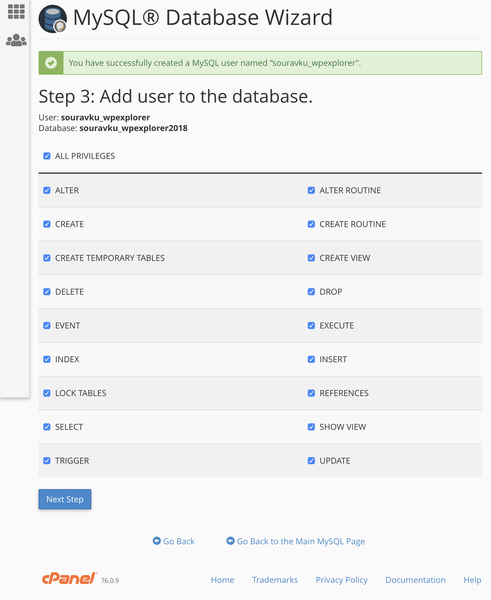 criando novo banco de dados mysql no cpanel 3 concedendo permissões de usuário db