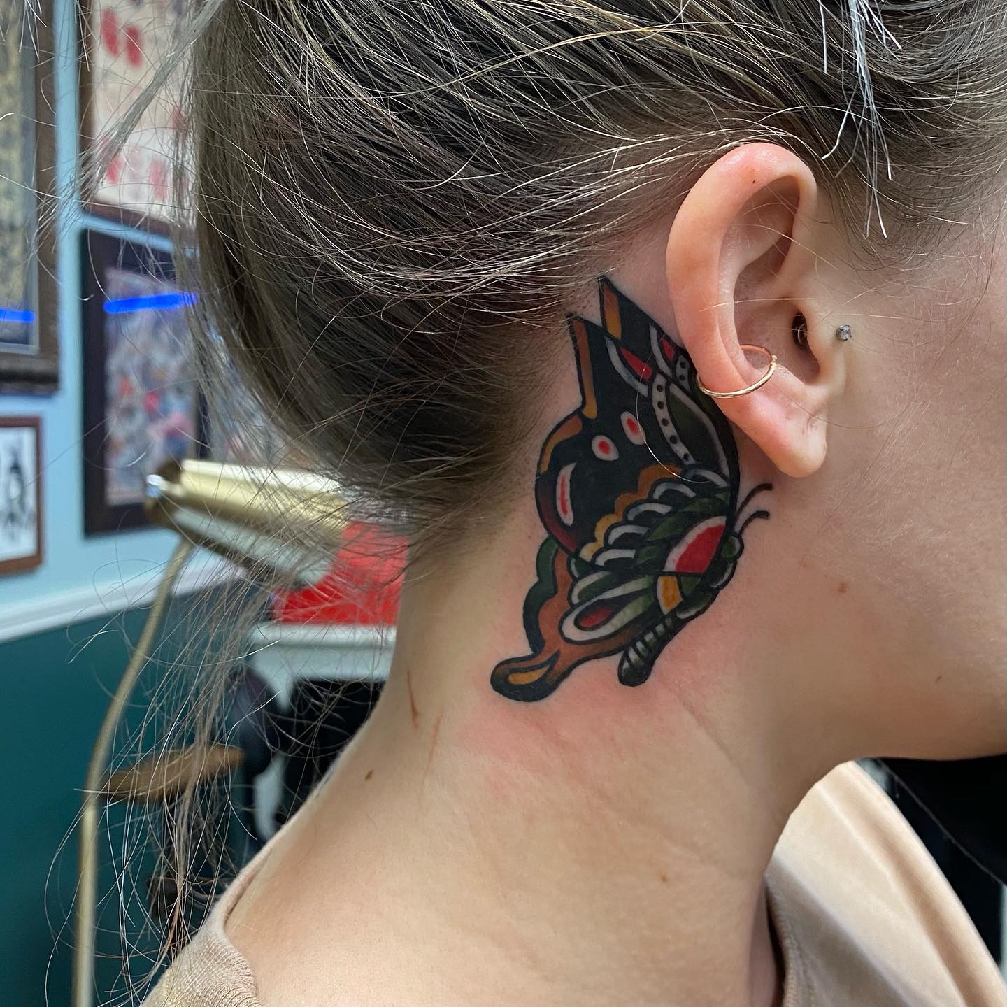 Colorful Butterfly Behind The Ear Tattoo