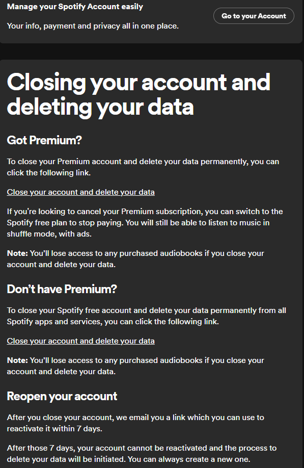 "Closing your account and deleting your data" on Spotify 