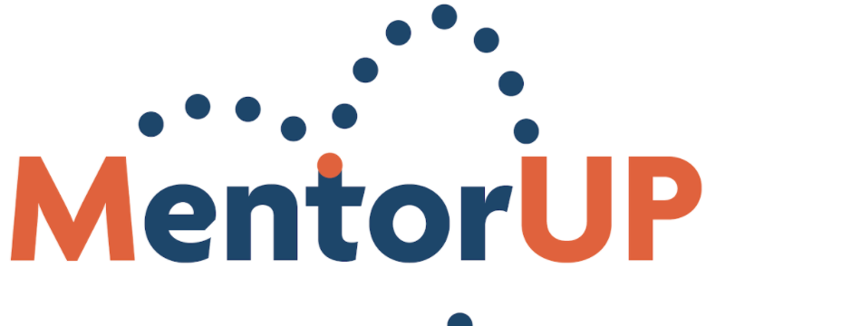 Mentor Up in orange and blue with dots arching up 