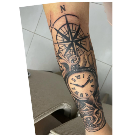 Clock And Compass Money Tattoo