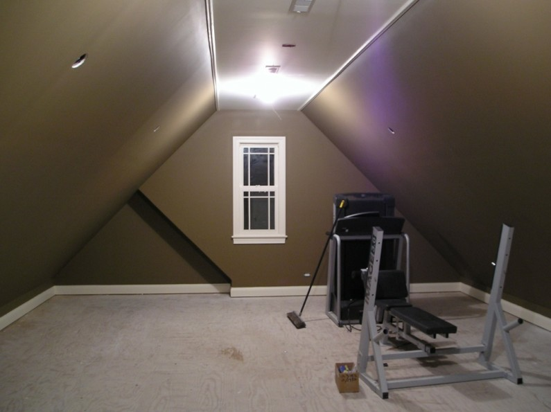 An unfinished room with workout equipment and brown walls.