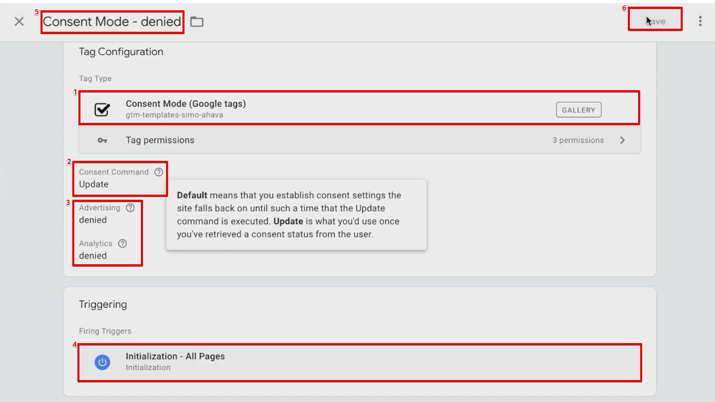 Configuring a consent mode Tag with initialization - All Pages trigger in GTM 