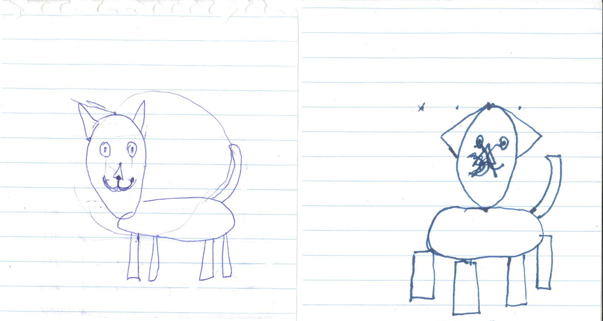 Two very bad doodles of a cat; the one on the left is recognizable and the one on the left is a bit... off. The head is in the center of the body rather than at the end opposite the tail, for example. 