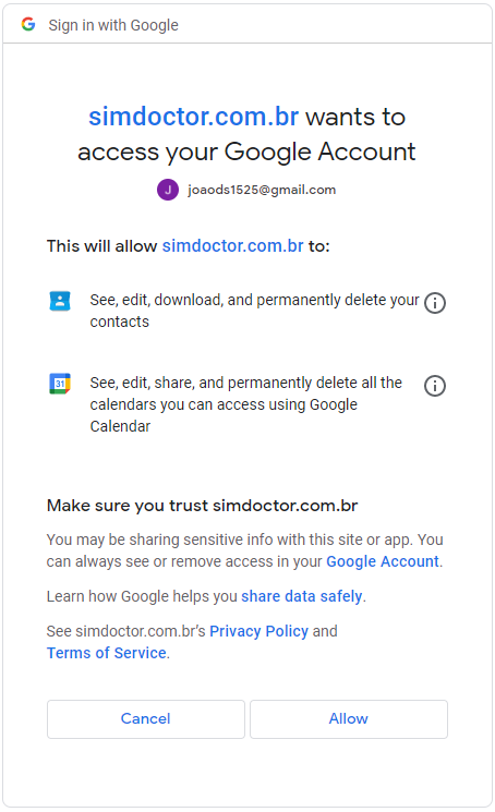 Janela de permissão de acesso do SimDoctor a suas informações do Google.